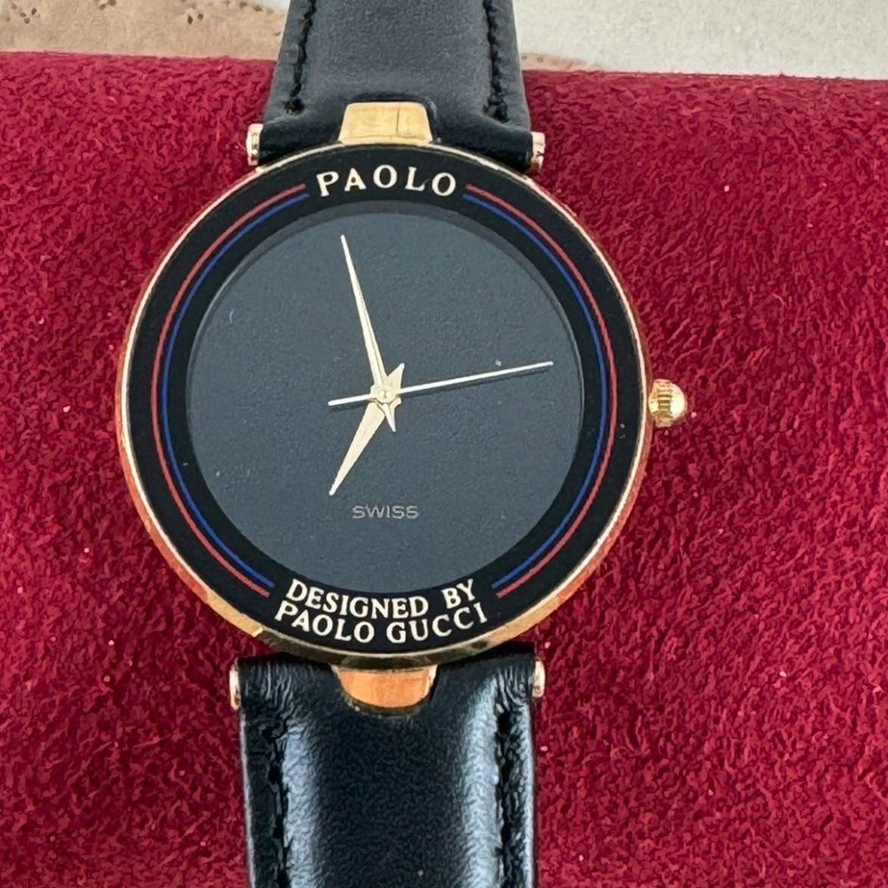 Vintage Paolo Gucci 18K Gold Plated Swiss Watch New Italian Black Strap